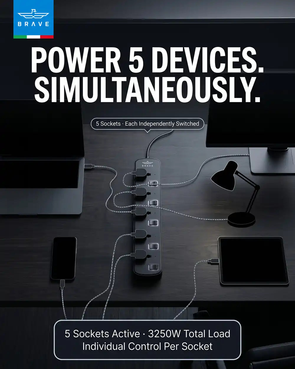 BRAVE - BPS-05 5-Way Universal Power Strip 3250W 13A, 2M Extension Cord, Individual Switches
