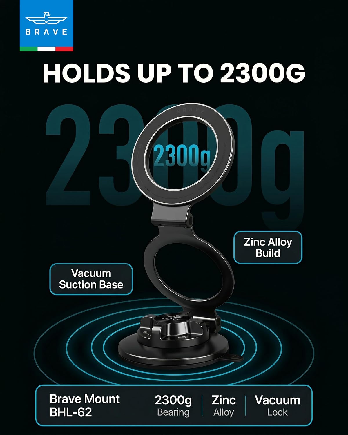 BRAVE Magnetic Vacuum Suction Car Mount | MagSafe Compatible Dashboard & Windshield Phone Holder | 360° Base Rotation Ultra Slim Foldable Stand with Sticky Pad for iPhone 17/16 Pro Max