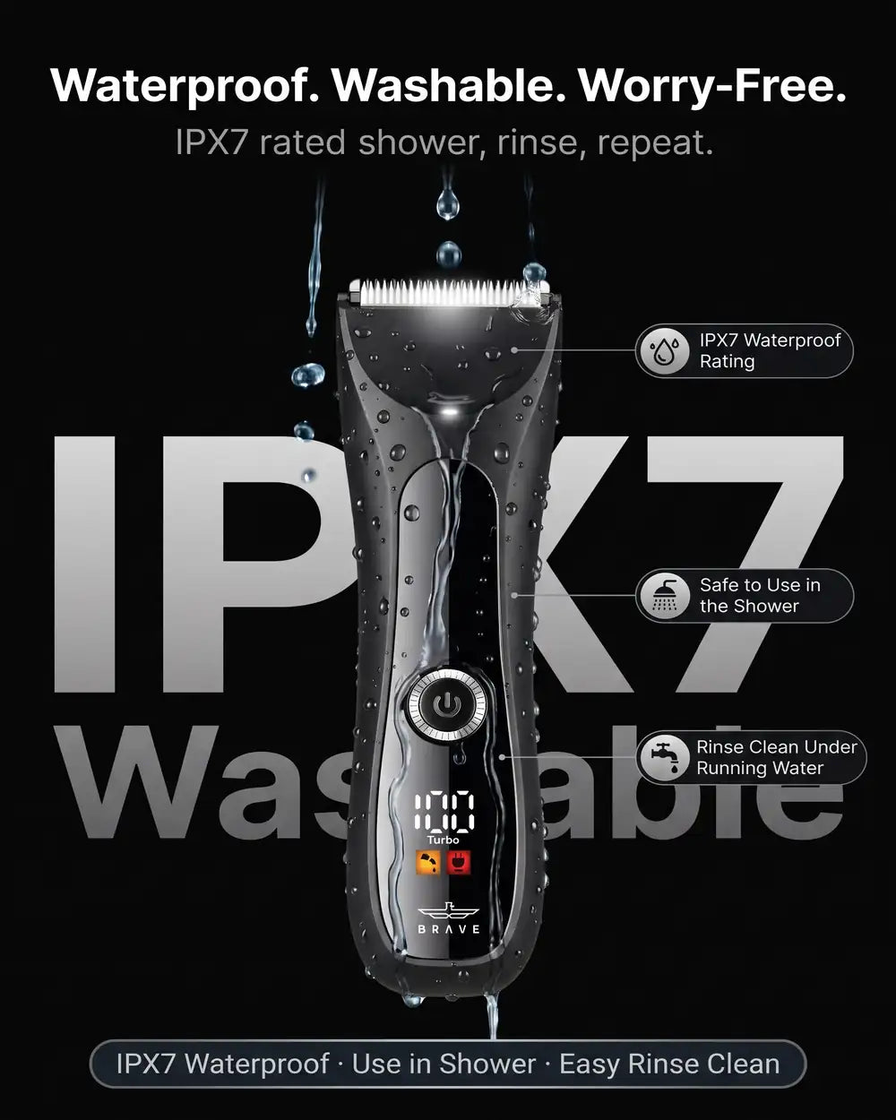 BRAVE BHT-03 Body Hair Trimmer for Men, IPX7 Waterproof, 1200mAh Ceramic Blade Groomer with LED Light, USB-C & Charging Dock