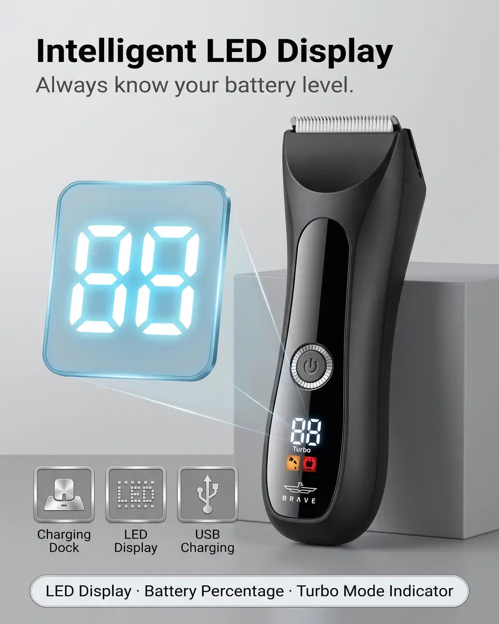 BRAVE BHT-03 Body Hair Trimmer for Men, IPX7 Waterproof, 1200mAh Ceramic Blade Groomer with LED Light, USB-C & Charging Dock