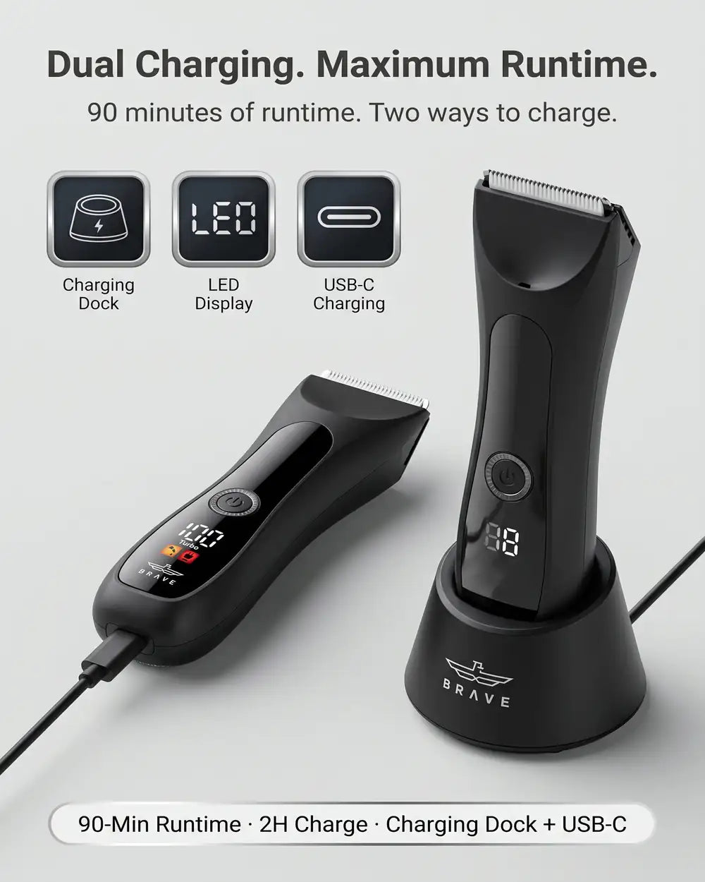 BRAVE BHT-03 Body Hair Trimmer for Men, IPX7 Waterproof, 1200mAh Ceramic Blade Groomer with LED Light, USB-C & Charging Dock