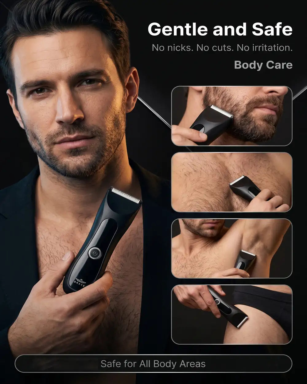 BRAVE BHT-03 Body Hair Trimmer for Men, IPX7 Waterproof, 1200mAh Ceramic Blade Groomer with LED Light, USB-C & Charging Dock
