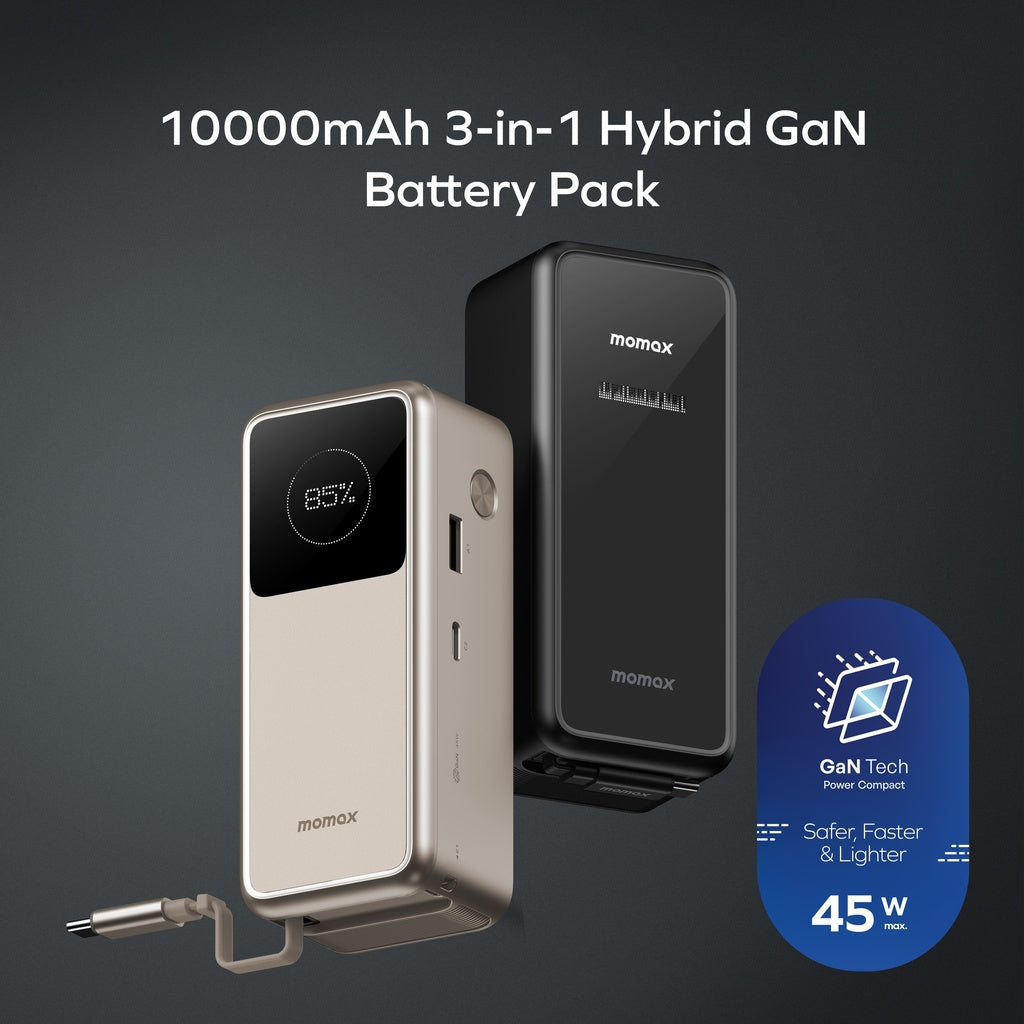 MOMAX 1-PAC⁺10000mAh 3IN1 HYBRID GAN BATTERY PACK WITH BUILT-IN RETRACTABLE CABLE - TECH STREET