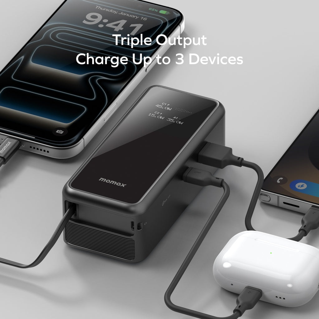 MOMAX 1-PAC⁺10000mAh 3IN1 HYBRID GAN BATTERY PACK WITH BUILT-IN RETRACTABLE CABLE - TECH STREET