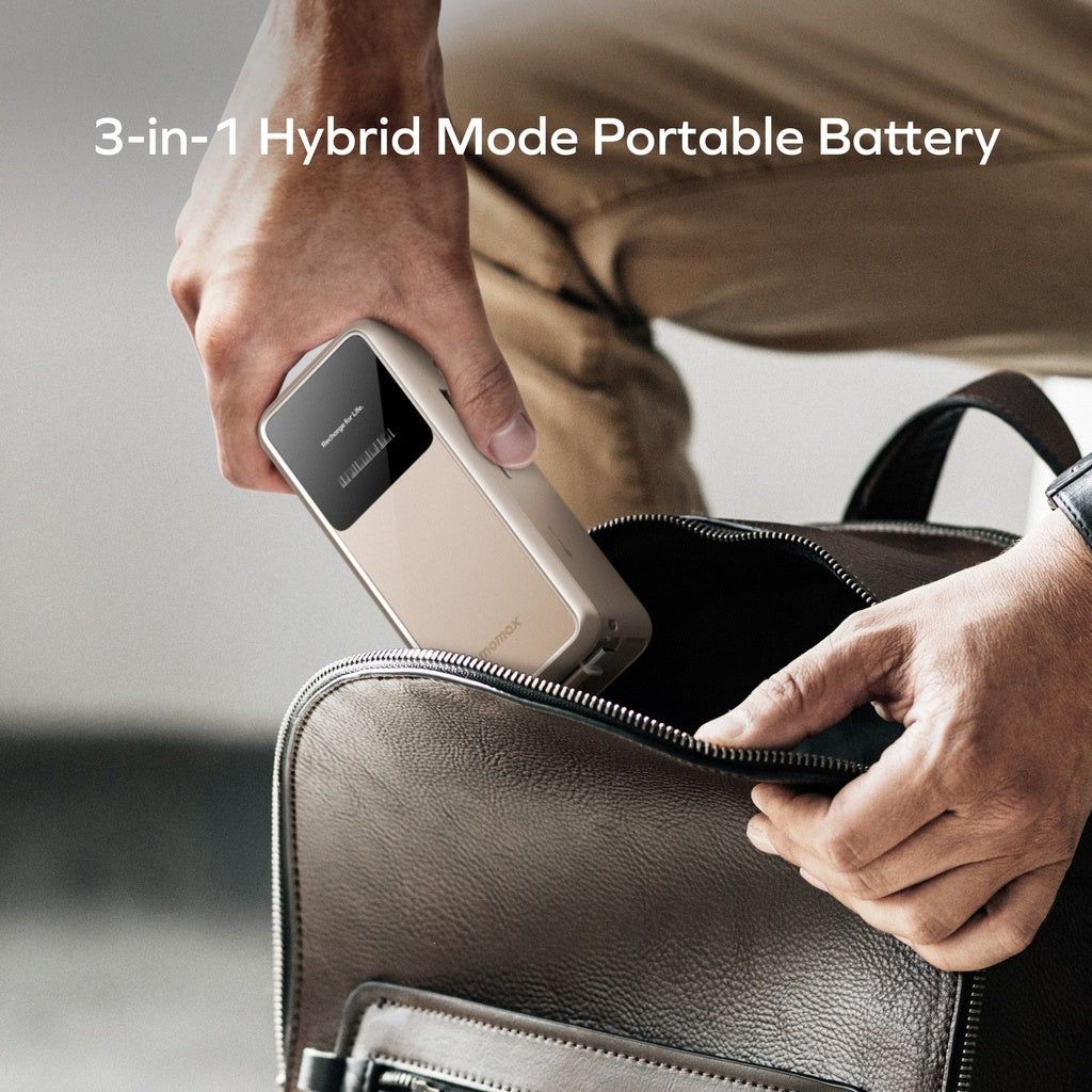MOMAX 1-PAC⁺10000mAh 3IN1 HYBRID GAN BATTERY PACK WITH BUILT-IN RETRACTABLE CABLE - TECH STREET
