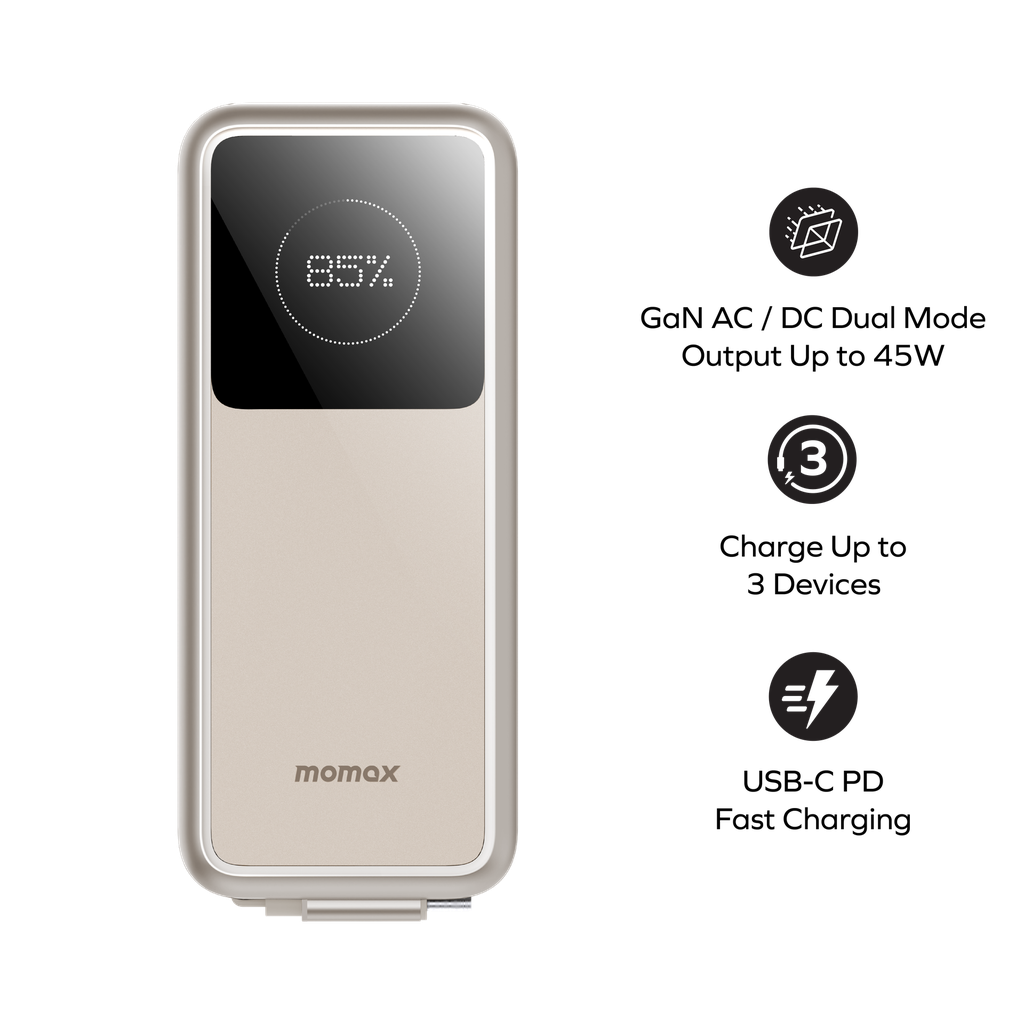 MOMAX 1-PAC⁺10000mAh 3IN1 HYBRID GAN BATTERY PACK WITH BUILT-IN RETRACTABLE CABLE - TECH STREET