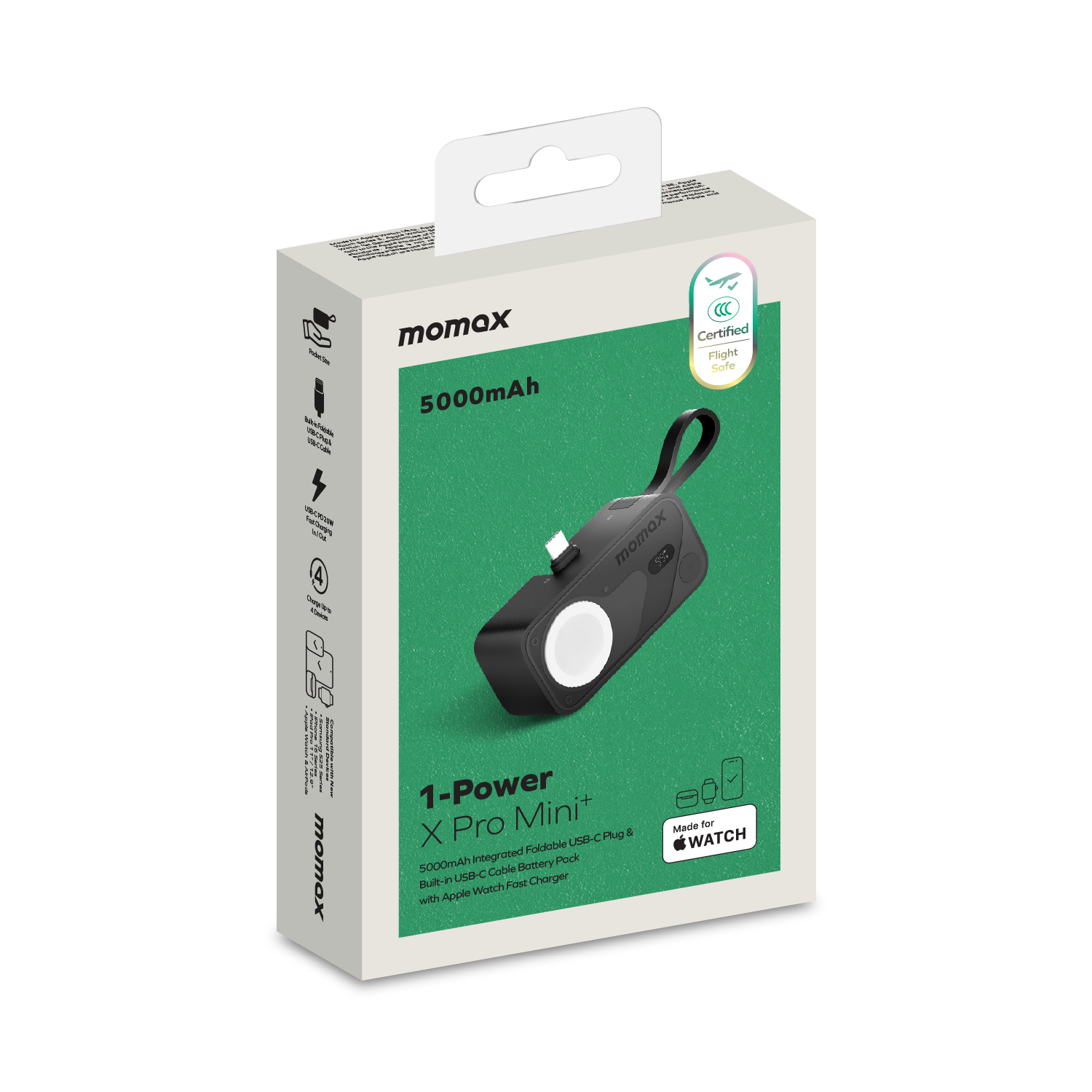 MOMAX 1-Power X Pro Mini⁺ 5000mAh Integrated Foldable USB-C Plug and Built-In USB-C Cable Battery Pack with Apple Watch Fast Charger