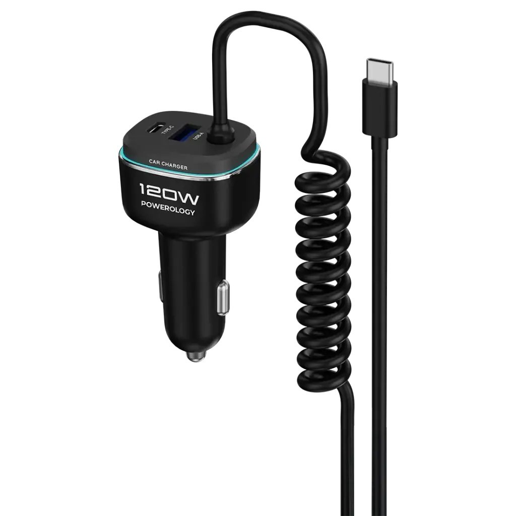 Powerology - 120W Fast Car Charger with Built in Cable