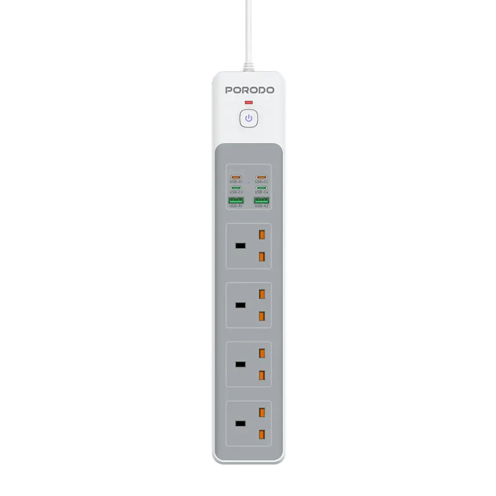 Porodo 4 AC Power Socket with USB A x2 USB C x4 UK 3M Wire - Black