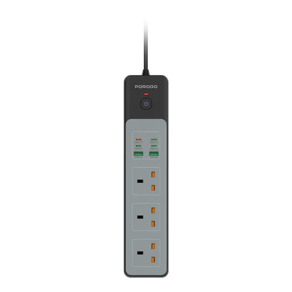 Porodo 3000W 3AC Power Socket with USB A x2 USB C x4 UK 3M Wire - Black