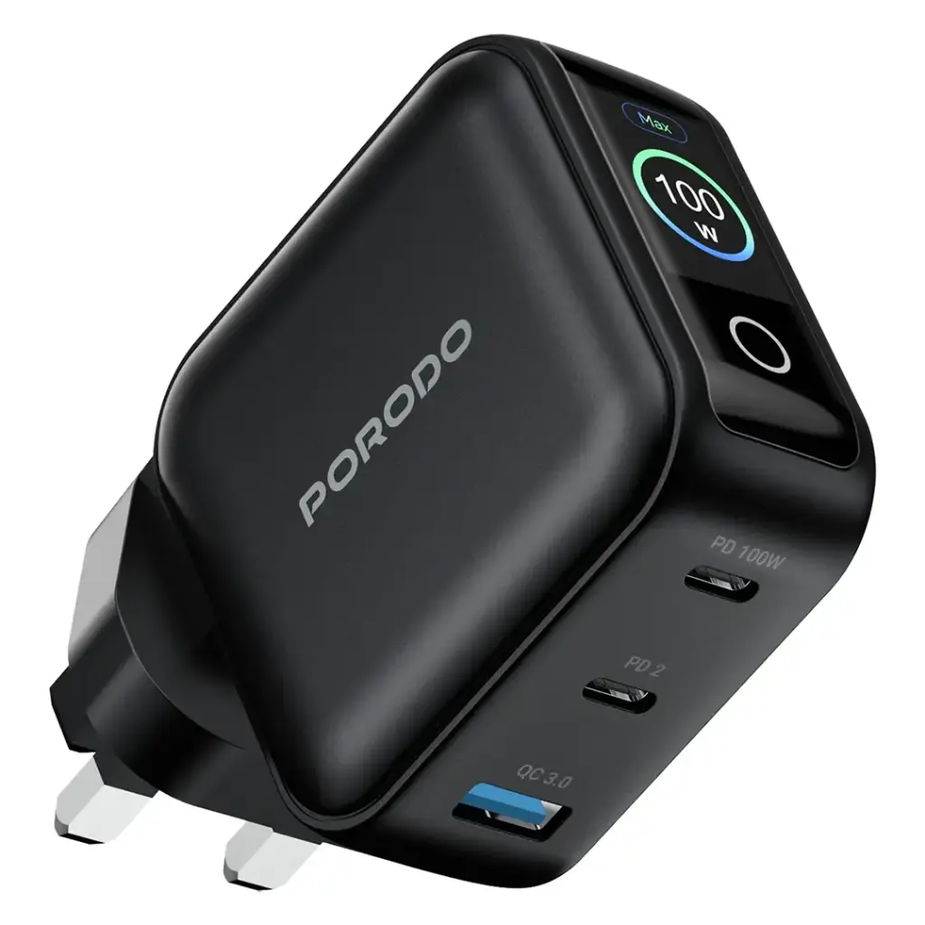 Porodo - Nexora 100W 3-Port Wall Charger with LCD Display - Black