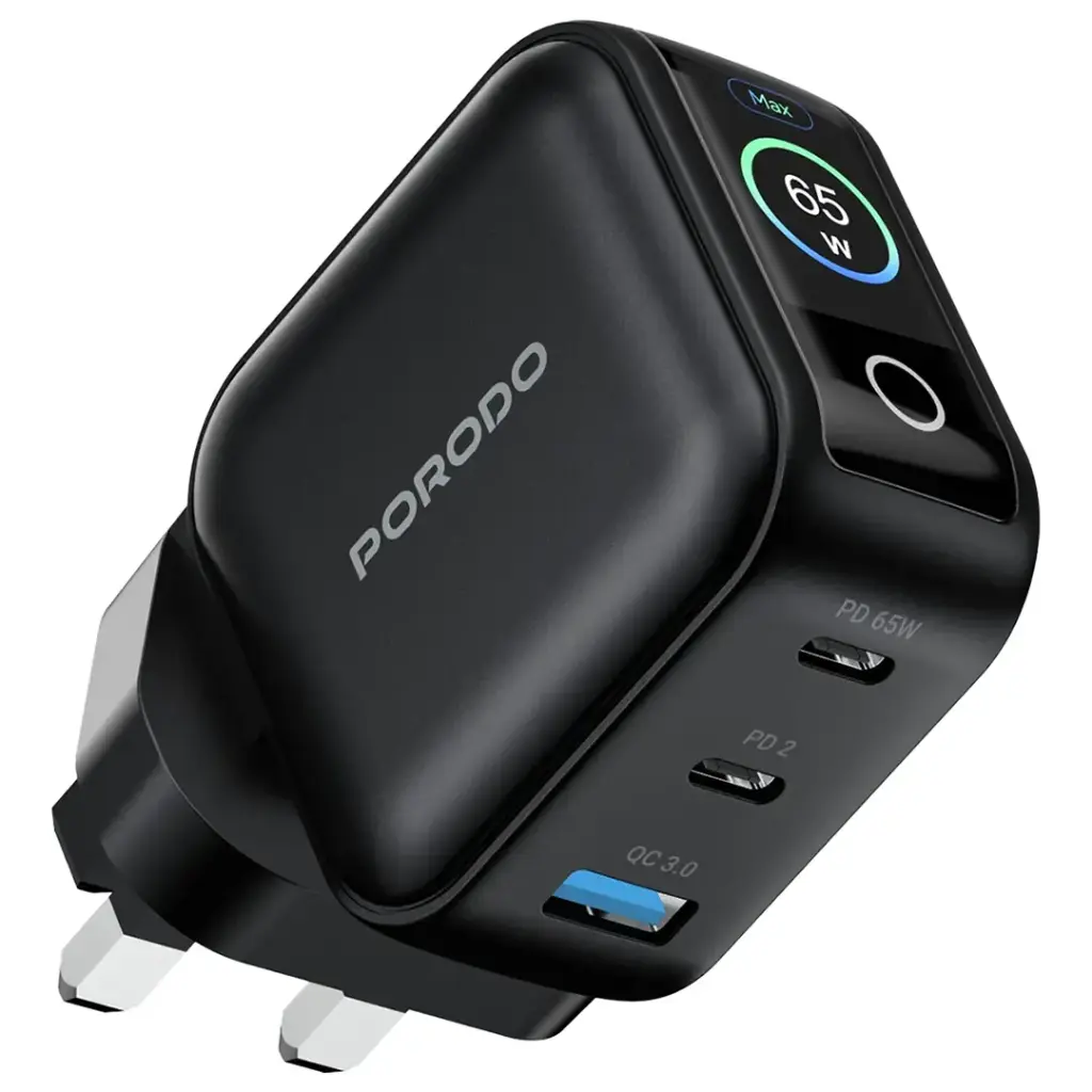 Porodo - Nexora 65W 3-Port Wall Charger with LCD Display - Black