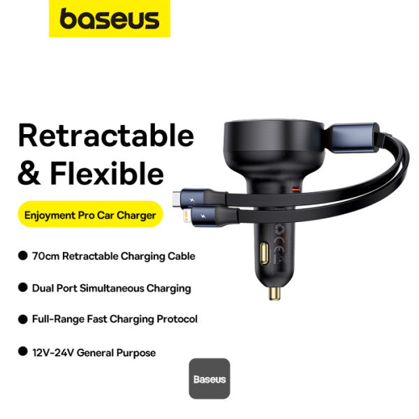 Baseus Car Charger Type-C Port + Type-C & Lightning Retractable Cable 60W Enjoyment Pro Series