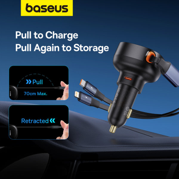 Baseus Car Charger Type-C Port + Type-C & Lightning Retractable Cable 60W Enjoyment Pro Series