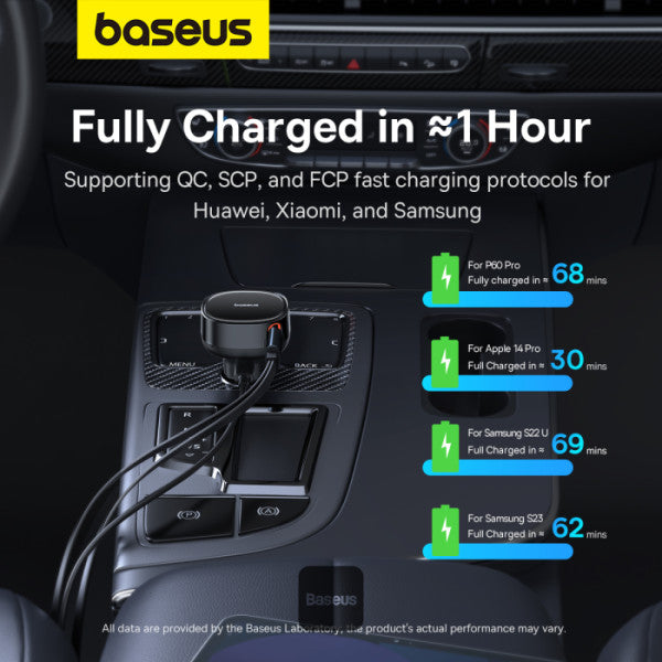 Baseus Car Charger Type-C Port + Type-C & Lightning Retractable Cable 60W Enjoyment Pro Series