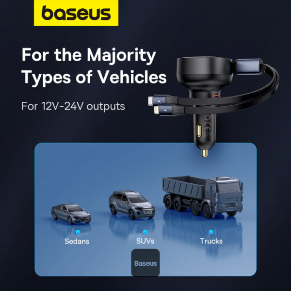 Baseus Car Charger Type-C Port + Type-C & Lightning Retractable Cable 60W Enjoyment Pro Series