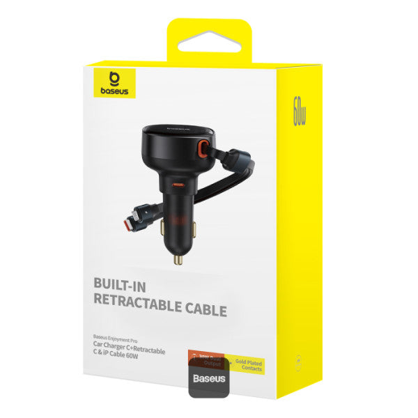 Baseus Car Charger Type-C Port + Type-C & Lightning Retractable Cable 60W Enjoyment Pro Series