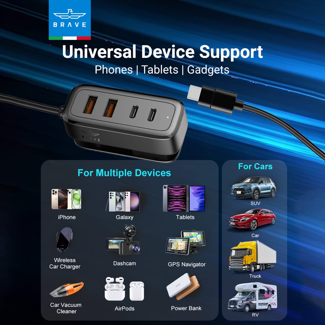 Brave 60W Universal Car Charger Fast Charging USB-C - Power Hub