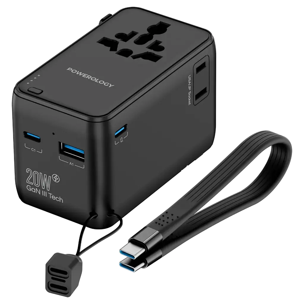Powerology - 2500W Universal Travel Adapter with 4000mAh Power Bank - Black