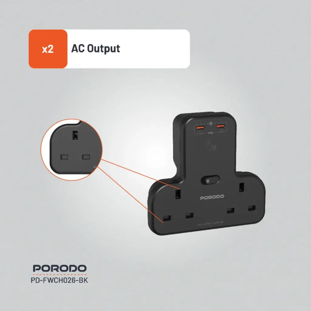 Porodo Multi-Port Wall Socket - Black