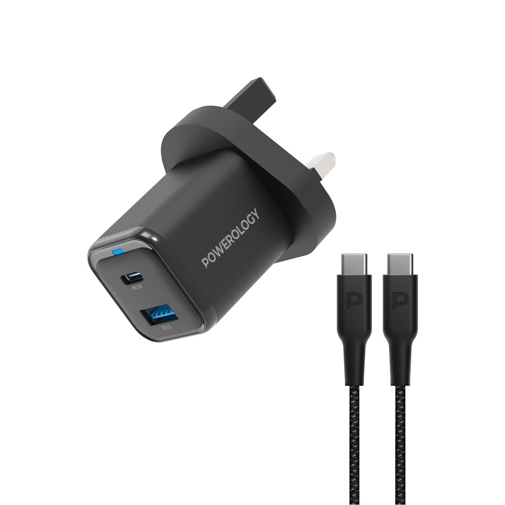 Powerology 35W PD QC 1xUSB-C 35W and 1xUSB-A 18W GaN Charger UK -with Type C to C 60W -Black