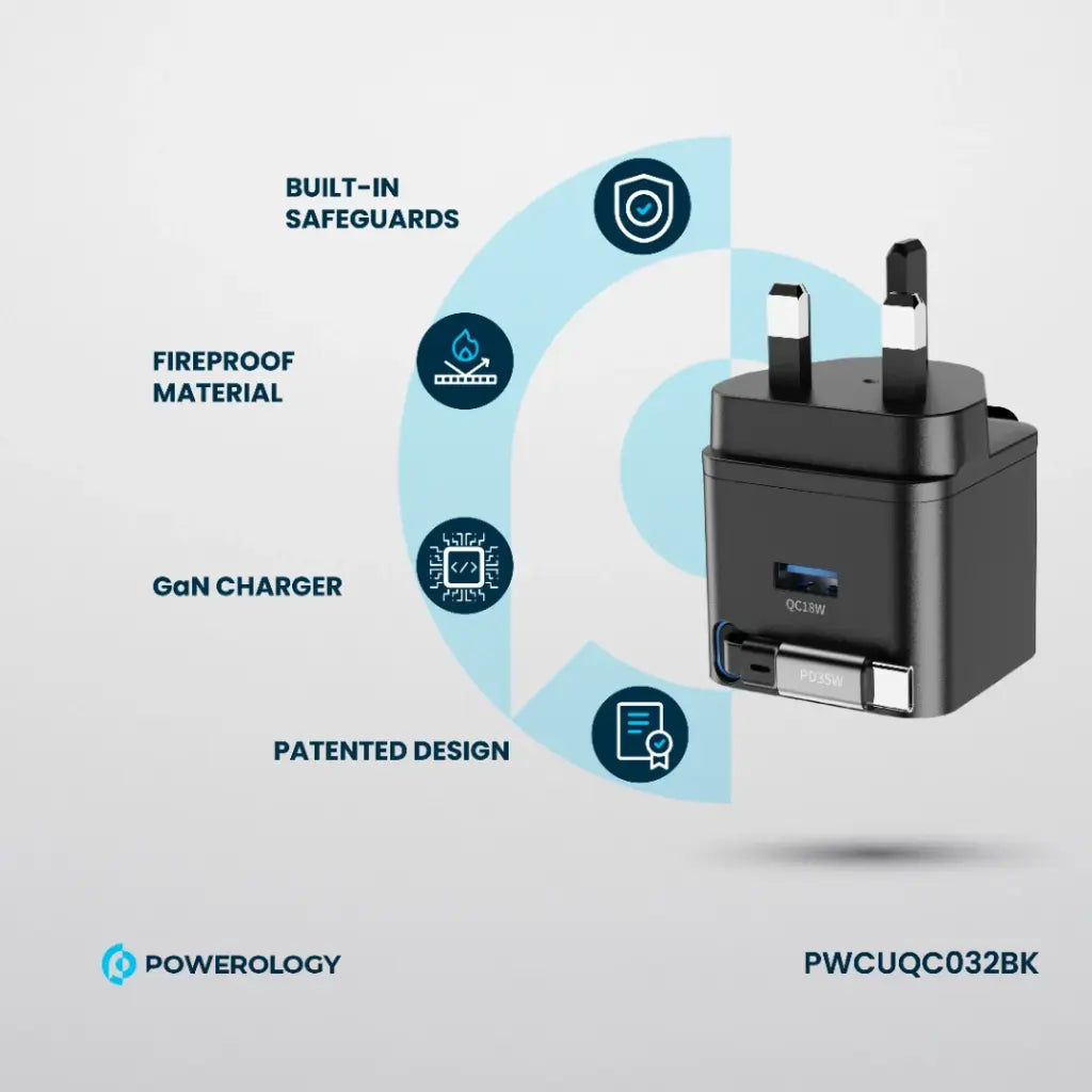 Powerology GAN PD35W Dual-Port Charger with Retractable Cable - Black