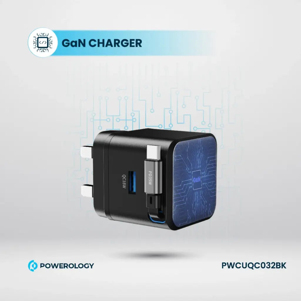 Powerology GAN PD35W Dual-Port Charger with Retractable Cable - Black