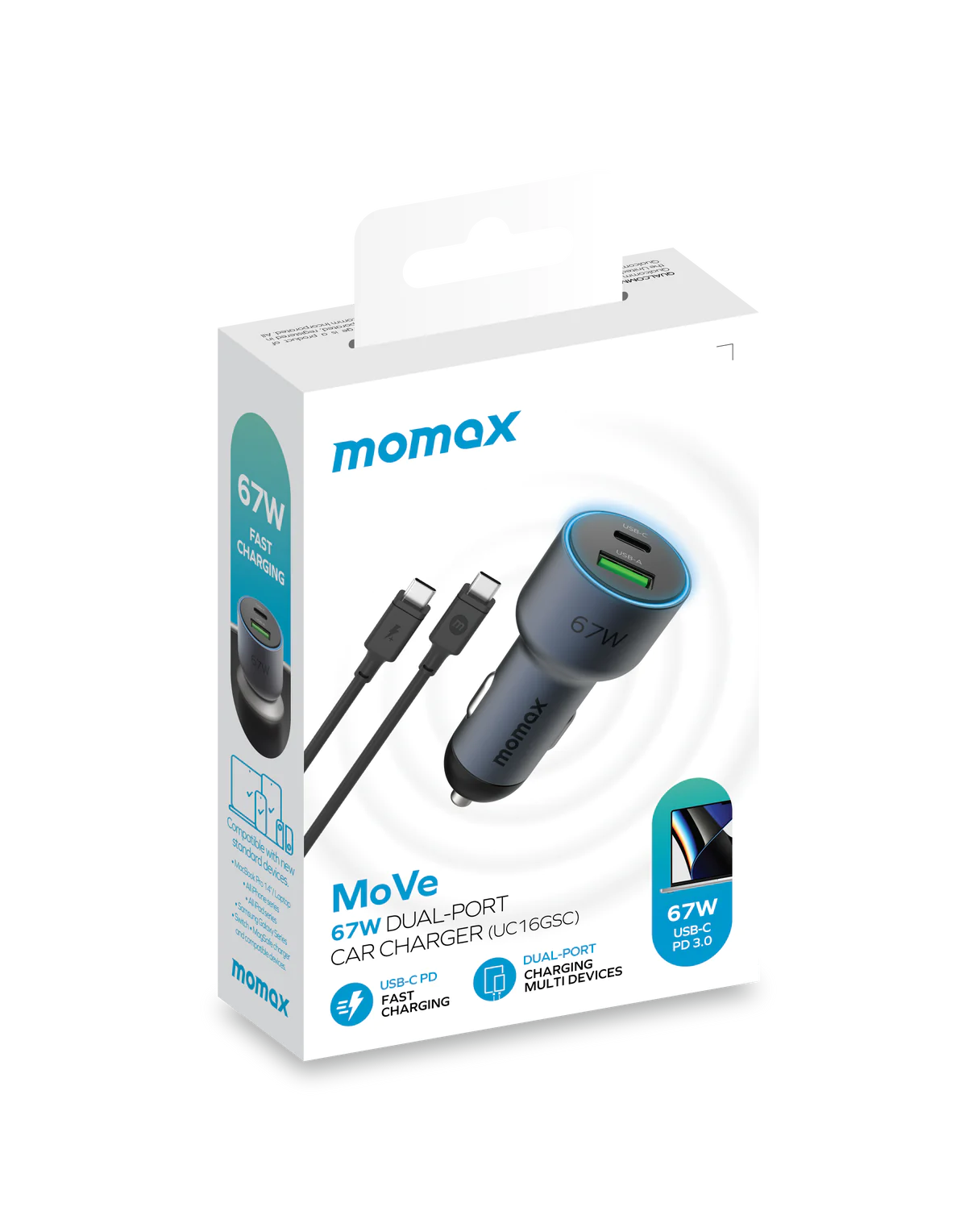 MOMAX Move 67W Dual Port Car Charger + 1 meter 100W Usb C to C cable