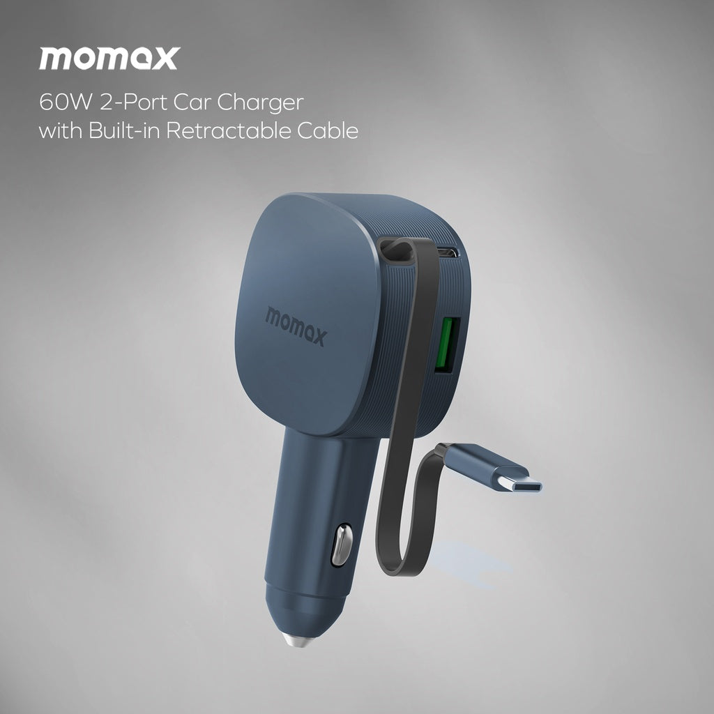 MOMAX 1-MOVE+ 60W 2-PORT CAR CHARGER WITH BUILT-IN RETRACTABLE CABLE