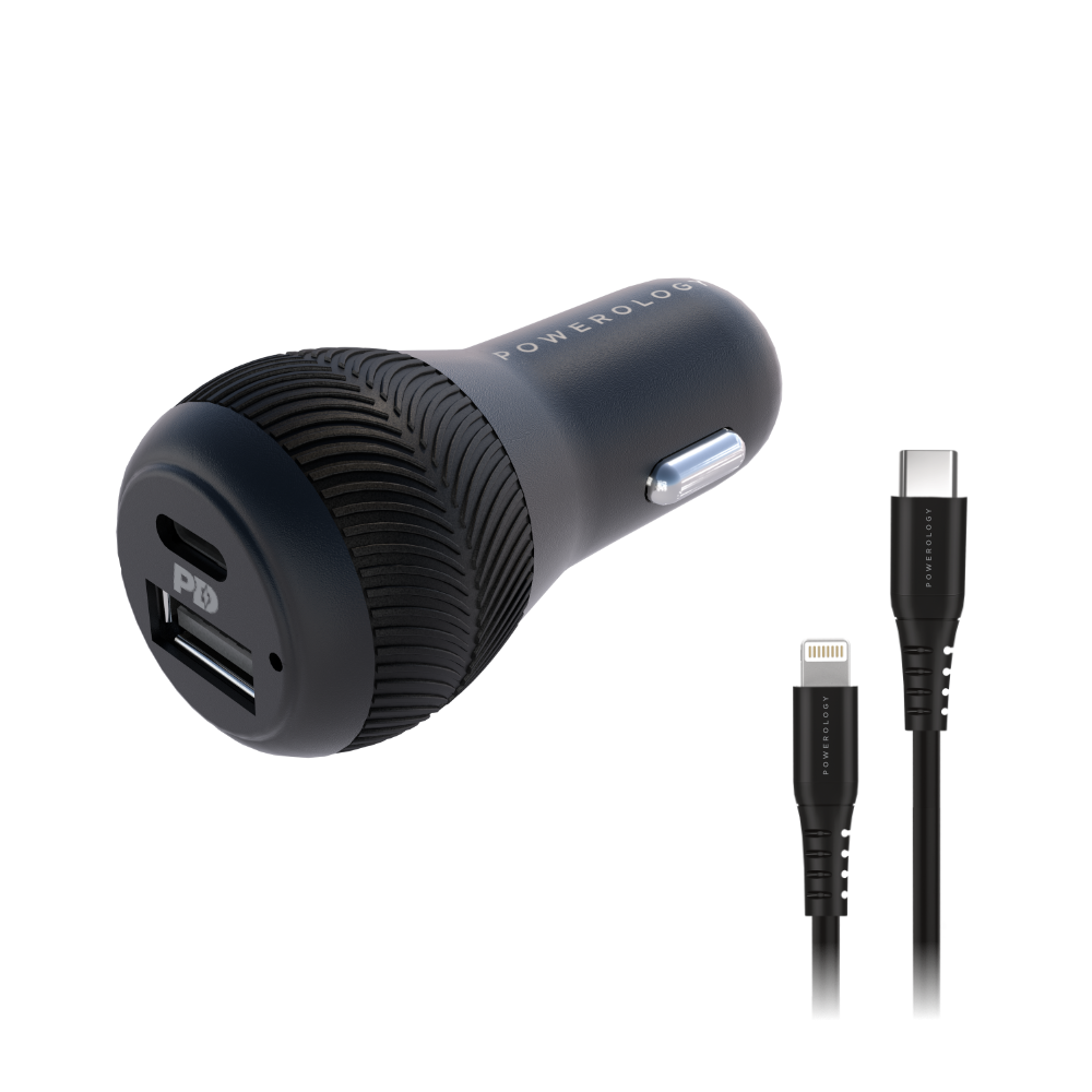 Powerology Dual Port Car Charger 32W USB 2.4A + PD 18W with Type-C to Lightning Cable 0.9M
